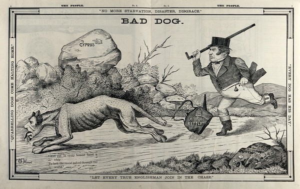 William Gladstone chasing with a stick a dog with the face of Benjamin Disraeli. Engraving after W. Dewane, ca. 1880.