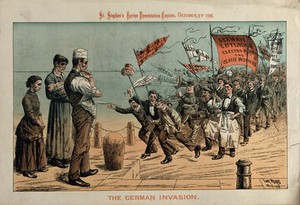 view A British family is gloomily watching a procession of German immigrants practising their trades in Great Britain. Colour lithograph by Tom Merry, 2 October 1886.