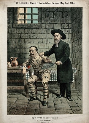 A giant holding a crozier with a cap of liberty points menacingly to Daniel O'Connell who stands on the brink of a precipice. Coloured lithograph by H.B. (John Doyle), 1843.