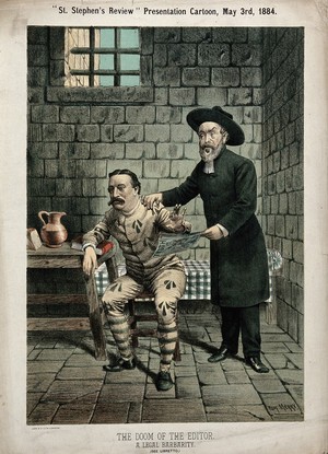 view A prison chaplain (Henry Labouchère) is visiting the journalist Edmund Yates in prison. Colour lithograph by Judd & Co. after Tom Merry, 3 May 1884.