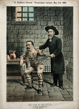 A prison chaplain (Henry Labouchère) is visiting the journalist Edmund Yates in prison. Colour lithograph by Judd & Co. after Tom Merry, 3 May 1884.