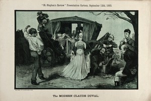 view A carriage representing "Radicalism" is being ransacked by a group of highwaymen, one of whom is wearing a shirt on which is written "Revolution". Lithograph after W. Morgan, 12 September 1885.