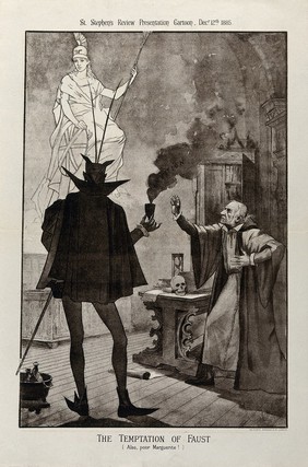 W.E. Gladstone as Dr. Faustus making a pact with Mephistopheles in order to satisfy his political ambitions. Lithograph by J.M Rogier, 12 December 1885.
