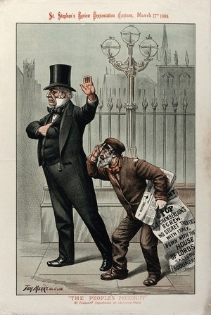 view W.E. Gladstone in the character of Mr Pecksniff gestures away a persistent newspaper seller (C.S. Parnell?). Colour lithograph by Tom Merry after himself, 17 March 1888.