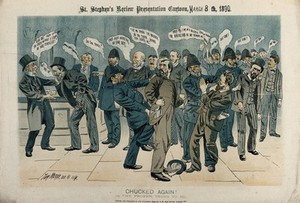 view Three politicians accused of treason being evicted by the police. Colour lithograph by T. Merry after himself, 8 March 1890.