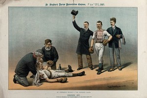 view A boxer representing St. Stephen's Review has knocked out his opponent who is representing the Hansard Union. Colour lithograph by Tom Merry, 21 February 1891.