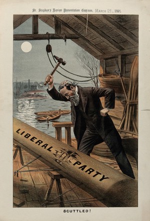 view A man in a boat house (C.S. Parnell) is damaging a boat representing the Liberal Party with a hammer inscribed "Manifesto". Colour lithograph attributed to Tom Merry, 21 March 1891.