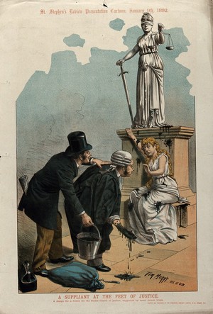 view A solicitor and a barrister throw black paint or tar at a woman sitting at the feet of a statue of Justice. Colour lithograph by Tom Merry, 1892.