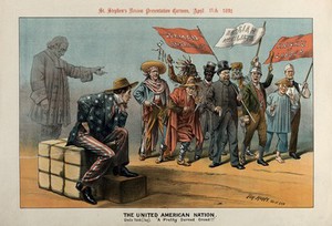 view An American man is watching a procession that includes a German anarchist, a Russian nihilist, a Native American, an Englishman etc. Colour lithograph by Tom Merry, 11 April 1891.