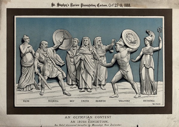 C.S. Parnell and John Walter, dressed as ancient Greek warriors, are engaged in single combat under the eyes of two judges and a barrister. Colour lithograph by Tom Merry, 27 October 1888.