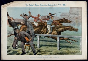 view Three bookmakers (representing British politicians) are watching a horserace in which three horses are neck and neck. Colour lithograph by Tom Merry, 7 September 1889.