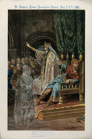 view C.S. Parnell as Macbeth and Dr. Cronin as Banquo's ghost. Colour lithograph by Tom Merry, 1889.