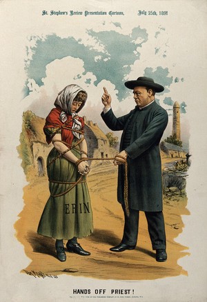 view A priest (the Catholic church) has tied a young woman (Ireland) with a rope and is admonishing her. Colour lithograph by Tom Merry, July 1891.