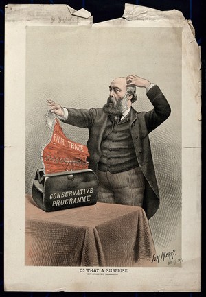 view Lord Salisbury opens a briefcase representing the "Conservative programme" and finds inside a corset representing "Fair trade". Colour lithograph by Tom Merry, 17 December 1887.