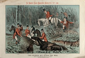 view British politicians as huntsmen arriving at a river representing the Criminal Law and Procedure (Ireland) Act 1887. Colour lithograph by Tom Merry, 3 December 1887.