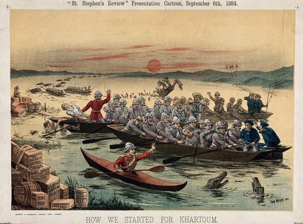 Men on rowing boats heading towards Khartoum, Sudan; representing the relief of General Gordon's expedition. Colour lithograph by Gilbert & Rivington after Tom Merry, 6 September 1884.