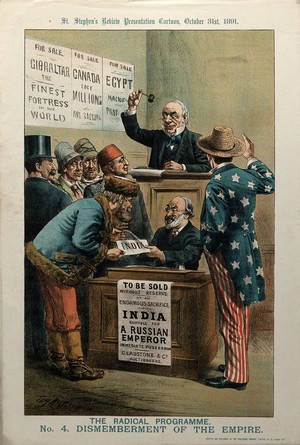 view An auction at which British dominions are sold, according to proposed Liberal reforms; India being sold at auction to a Russian man. Colour lithograph by Tom Merry, 31 October 1891.