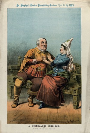 view Sir William Harcourt in the role of Sir John Falstaff wooes Ireland in the role of one of the merry wives of Windsor. Colour lithograph by Tom Merry, 6 April 1889.