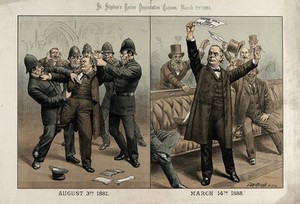 view Charles Bradlaugh being arrested by the police in 1881 for refusing to take the oath as a Member of Parliament, and subsequently rejoicing at the passage of his Oaths Bill in 1888. Colour lithograph by Tom Merry, 1888.