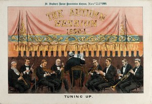 view A band is tuning up in a theatre; the stage curtain is inscribed "The autumn session 1890-1". Colour lithograph by Tom Merry, 22 November 1890.