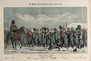 view British politicians including W.E. Gladstone, Rosebery, Chamberlain and Earl Spencer, in the role of British soldiers in Crimea in the painting 'The roll call' by Elizabeth Thompson (Butler). Colour lithograph by Tom Merry, 13 February 1886.