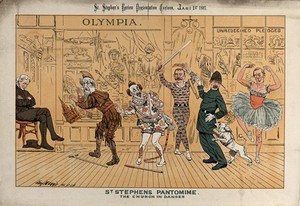 view Five actors represented by English politicians are performing a pantomime while a (Quaker?) spectator is asleep in his chair. Colour lithograph by Tom Merry, 1 January 1887.