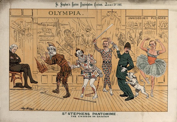 Five actors represented by English politicians are performing a pantomime while a (Quaker?) spectator is asleep in his chair. Colour lithograph by Tom Merry, 1 January 1887.