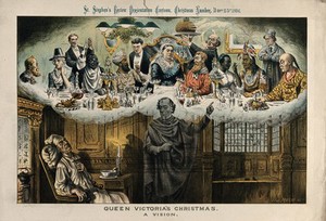 view Gladstone, asleep in a chair next to a fire, has a nightmare vision of Disraeli showing Queen Victoria celebrating Christmas dinner with foreigners, including a Chinese man, a native American, an African man and an Indian man. Colour lithograph by Tom Merry, 25 December 1886.