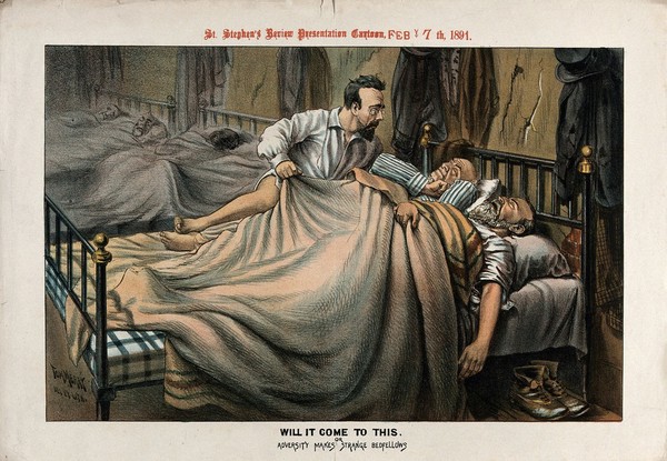 In a dormitory, a man is trying to get into a bed already occupied by W.E. Gladstone and another man. Colour lithograph by Tom Merry, 7 February 1891.