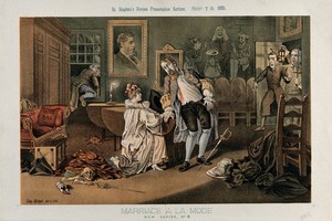 view Spencer Compton Cavendish, Marquess of Hartington, has been stabbed by his wife's lover (W.E. Gladstone) with a sword on which is written "duplicity". Colour lithograph by Tom Merry, 7 November 1885, after W. Hogarth.