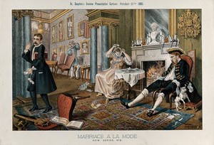 view A man (Lord Hartington) and his wife (Radicalism) having breakfast in a richly decorated room, the morning after a card party. Colour lithograph by Tom Merry after W. Hogarth, 17 October 1885.