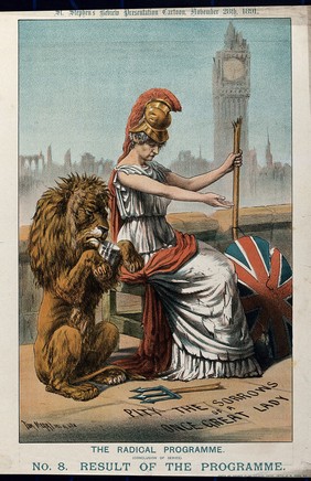 Britannia and her lion are begging on a bench on the Thames Embankment, impoverished by proposed Liberal reforms; beyond, the Palace of Westminster in ruins. Colour lithograph by Tom Merry, 28 November 1891.