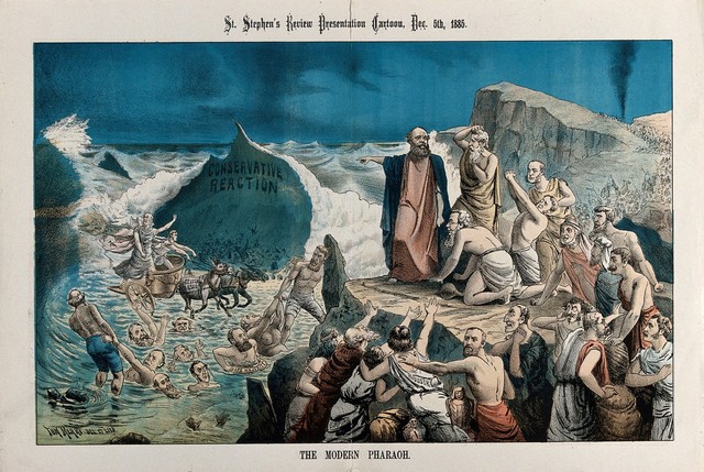 Moses parting the Red Sea: British politicians depicted drowning in the sea. Colour lithograph by Tom Merry, 5 December 1885.