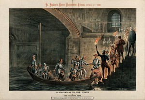 view Supporters of W.E. Gladstone, wearing 16th century armour, are being led to the Tower of London for imprisonment. Colour lithograph by Tom Merry, 9 April 1887.