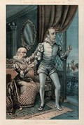 view William Gladstone, dressed as Juliet, is sobbing at the departure of Joseph Chamberlain, dressed as Romeo, who is about to leave through the window. Colour lithograph by Tom Merry, 27 March 1886.