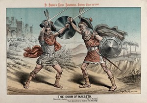 view William Gladstone as Macbeth is fighting with a younger man as Macduff. Colour lithograph by Tom Merry, 14 August 1886.