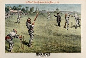 view British politicians playing cricket: Parnell, batting with a bat marked "treason" is bowled by The times newspaper. Colour lithograph by Tom Merry, 14 May 1887.