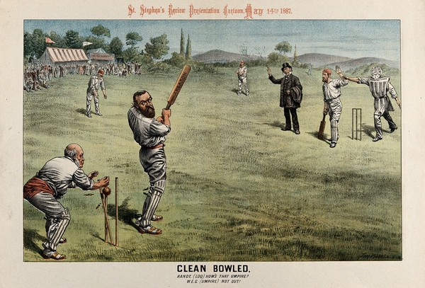 British politicians playing cricket: Parnell, batting with a bat marked "treason" is bowled by The times newspaper. Colour lithograph by Tom Merry, 14 May 1887.