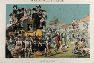 view British politicians at the Derby at Epsom. Colour lithograph by Judd & Co. after Tom Merry, 31 May 1884.