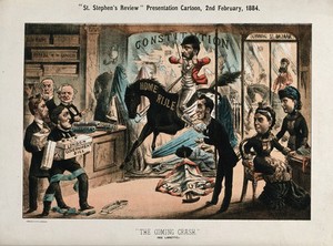 view C.S. Parnell riding a horse called "Home Rule" crashes into the window of a drapery shop in which Queen Victoria is buying textiles. Colour lithograph by Tom Merry, 2 February 1884.