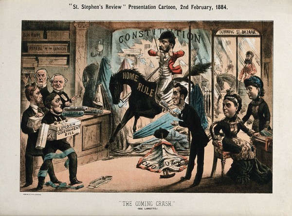 C.S. Parnell riding a horse called "Home Rule" crashes into the window of a drapery shop in which Queen Victoria is buying textiles. Colour lithograph by Tom Merry, 2 February 1884.