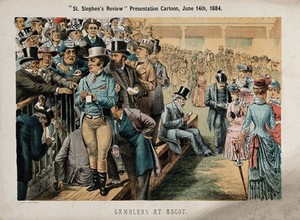 view British politicians gambling at Ascot. Colour lithograph by Judd & Co. after Tom Merry, 14 June 1884.