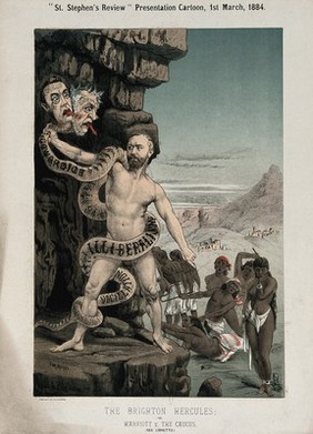 William Marriott, member of Parliament for Brighton, as Hercules fighting a two-headed hydra with the faces of W.E. Gladstone and Joseph Chamberlain. Colour lithograph by Judd & Co. after Tom Merry, 1 March 1884.