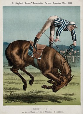 W.E. Gladstone as a jockey, falling from his horse. Colour lithograph by Gilbert & Rivington after Tom Merry, 1884.