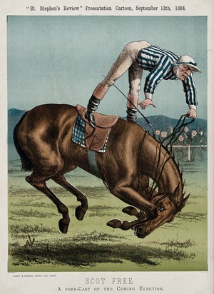 view W.E. Gladstone as a jockey, falling from his horse. Colour lithograph by Gilbert & Rivington after Tom Merry, 1884.