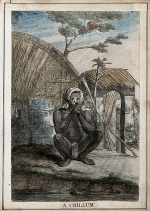 view Man smoking chillum outside a hut, Calcutta, West Bengal. Coloured etching by François Balthazar Solvyns, 1799.