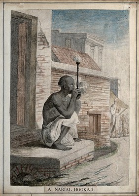 Seated man in doorway smoking a cocoa nut hookah, Calcutta, West Bengal. Coloured etching by François Balthazar Solvyns, 1799.