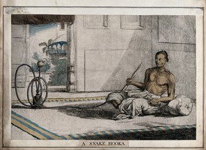 view Interior with reclining man holding snake-like hookah, Calcutta, West Bengal. Coloured etching by François Balthazar Solvyns, 1799.