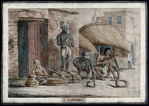 view Street scene with snake charmers, Calcutta, West Bengal. Coloured etching by François Balthazar Solvyns, 1799.