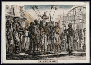 view Procession with seated figure carried on a stretcher, with snakes, Calcutta, West Bengal. Coloured etching by François Balthazar Solvyns, 1799.